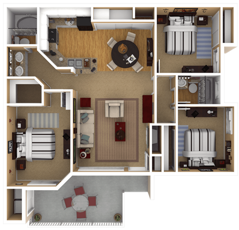 Floor plan for 3 beds, 2 baths